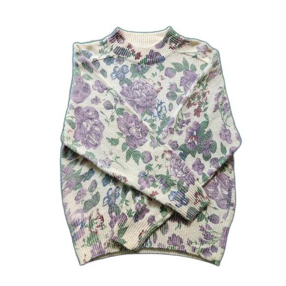 VTG Womens Knit Sweater Floral Grandmacore Sz L Coquette Silk Wool Cottagecore - Picture 1 of 6